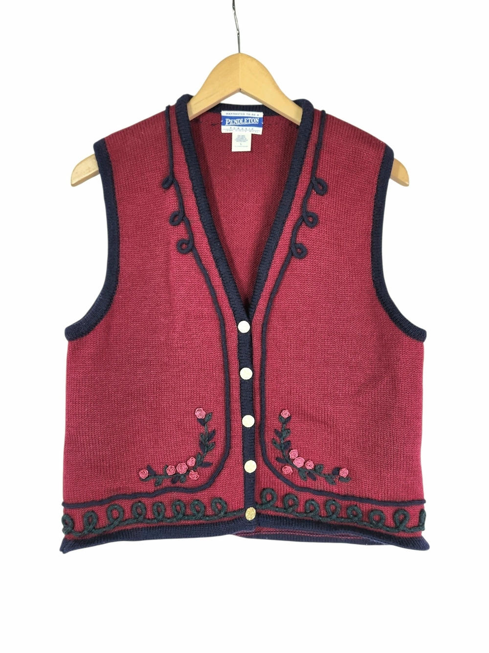 Vintage Pendleton Virgin Wool Vest L Red Embroidered Floral Cottage Folk Granny